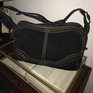 Black suede satchel, yellow interior and stitching